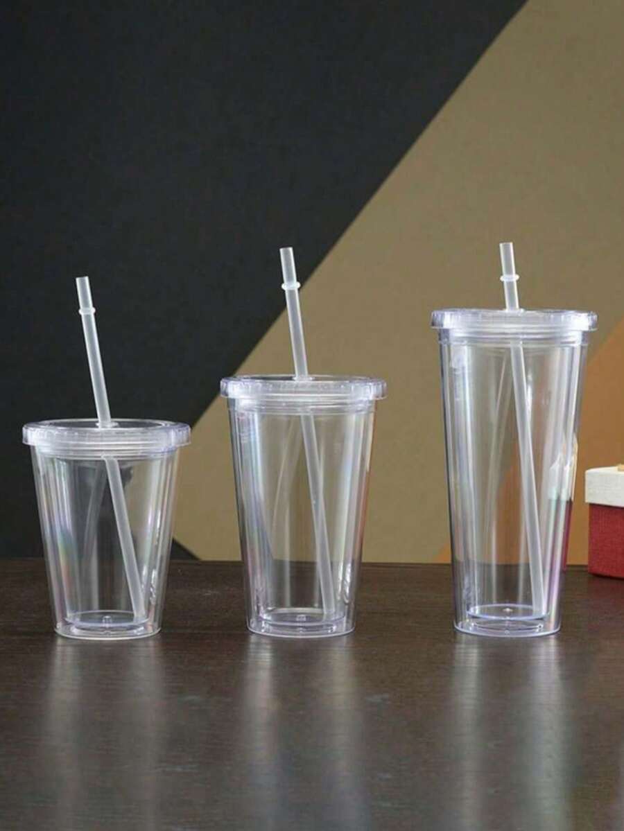 1pc Double Wall Clear Plastic Straw Cup, Insulated Milk Tea Cup - Clear - View 1