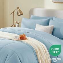 Light Blue Comforter Set Queen 7 Pieces Bedding Set Queen Light Blue Complete Queen Bed In A Bag With All Season Quilted Comforter, Flat Sheet, Fitted Sheet, Pillowcases - 藍色 - 查看 5