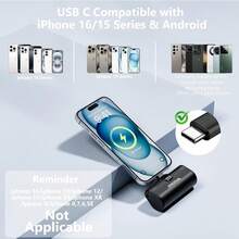 CHCCUL 迷你便携式充电器，5000mAh USB C 快速充电移动电源，LCD 显示屏小型电池组兼容 16/15/兼容三星/安卓等适合夏季假期户外旅行/露营和紧急备用移动电源礼物送给家人、朋友、生日电量显示 - 白色 - 查看 2