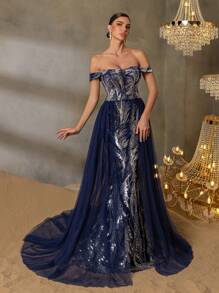 Women's One-Shoulder Sequin-Embellished Evening Gown With Back Tie-Up Closure & Sheer Organza Draping – Elegant Mermaid Silhouette Formal Dress For Gala Dinners, Red Carpet Events, Luxury Weddings, Opera Performances, And Black-Tie Ceremonies