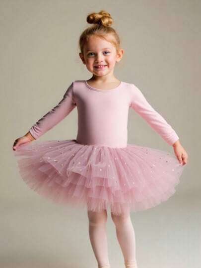 Shiny Long Sleeve Tulle Ballet Skirt For Girls, Solid Powder Pink Color, Children Dance Sportswear
