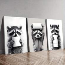 3 Sets dekorative minimalistische Tierprint Leinwandbilder - Waschbär und Toilettenpapier - interessante Badezimmer Dekorationsplakate, geeignet für Büro-, Wohn- oder Schlafzimmerdekoration, Restaurant - wahlweise mit Rahmen, Innenkunstdruck, Wandkunst mit Rahmen