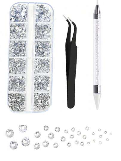 3Pcs Nail Art Tool Set With Tweezers,Acrylic Silvery Flat Bottom Rhinestone Strip Box Decorations For Manicure - 3Pcs/Set Nails Accessories Multi-Size Rhinestones, 3D Diy Glitter Synthetic Gemstone Nail Supplies Nail Charms