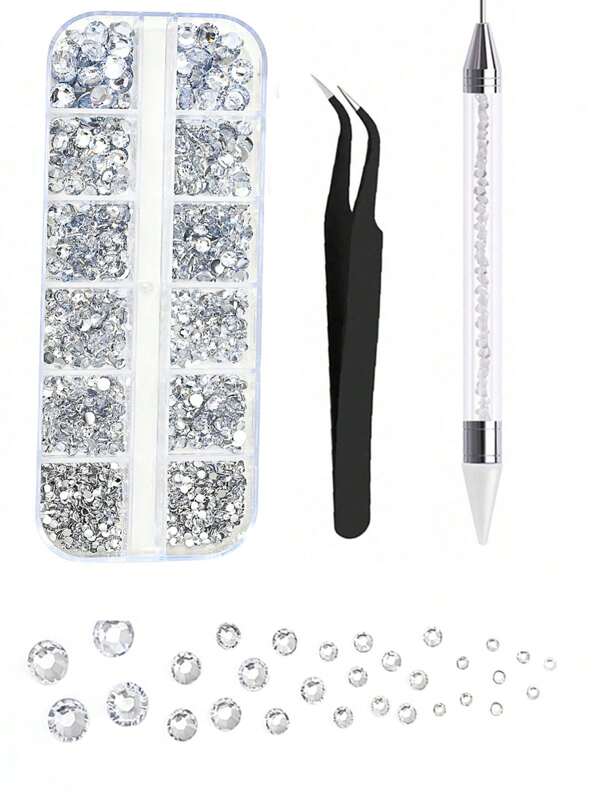 3 Pezzi Set di Strumenti per arte di unghie con Pinzette, Scatola Rettangolare Piatta in Acrilico Argentato con Strass per Decorazioni per Manicure - 3 Pezzi/Set Accessori per Unghie Strass Multisize, Forniture per Unghie Glitter 3D Gemme Sintetiche Charms per Unghie