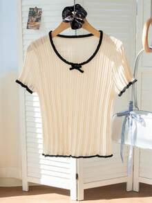 返校夏季休闲可爱女孩撞色蝴蝶结镂空修身短袖 T 恤，女士短款针织上衣 - 杏色 - 查看 9