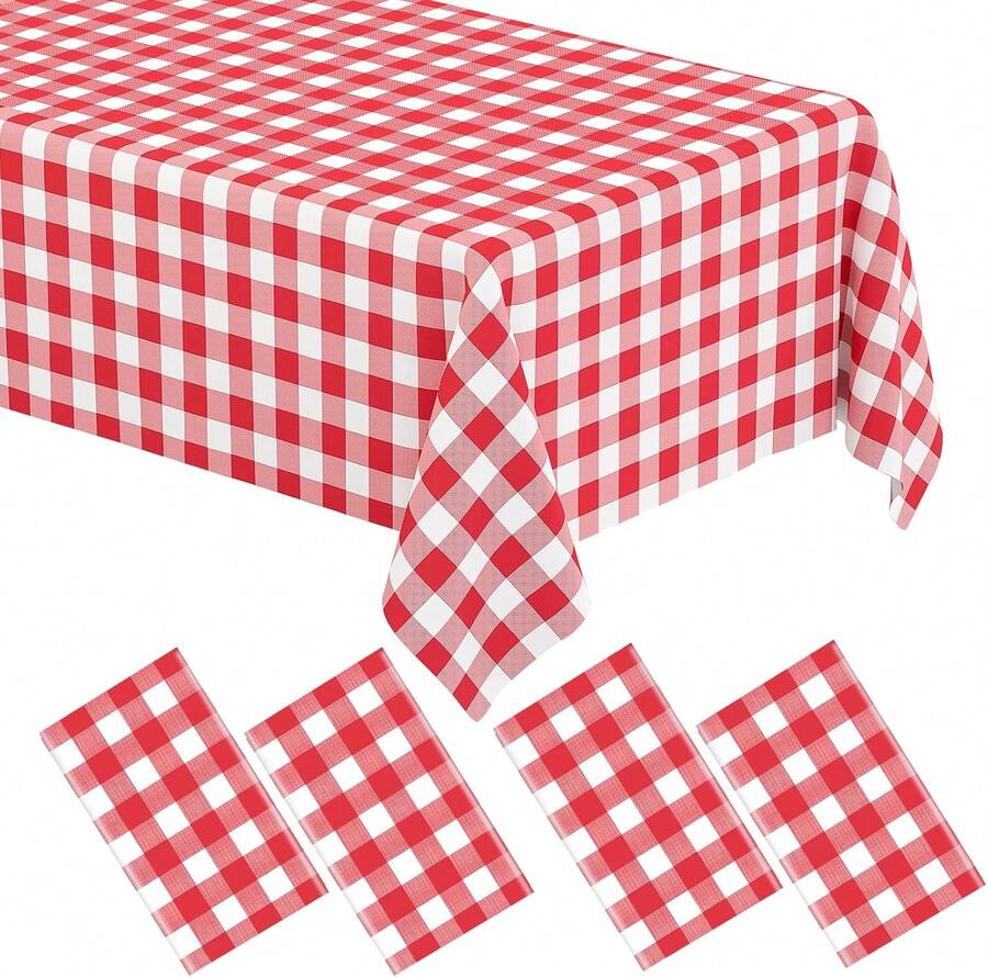 4 Pack Red Gingham Tablecloth Rectangular Red And White Checkered Tablecloths Disposable Plastic Red Plaid Table Cover For Parties, Christmas, Outdoor Picnic, Birthday, Wedding, Camping 54 * 108 - 紅色 - 查看 1