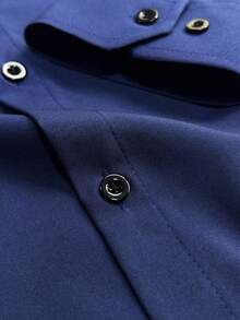 Men's Business Formal Long Sleeve Solid Color Single-Breasted Shirt, For Fall - Navy Blue - View 6
