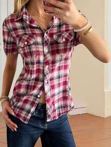 Women's Button Down Shirt Casual Contrast Color Plaid Turn Down Collar Short Sleeve Tops For Spring Summer - Red - View 2