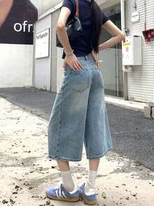 Quần lửng denim màu xanh nhạt, ống rộng, kiểu Mỹ, thích hợp cho mùa hè. - Màu xanh nhạt - Xem 4