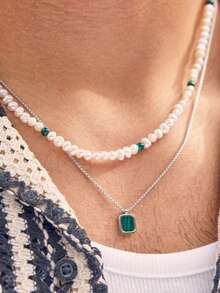 2PCS Fashion Turquoise Pendant Men's Beaded Stainless Steel Necklace Casual Versatile Jewelry, Party Jewelry, Boyfriend Gift, Valentine's Day Gift, Father's Day Gift - Multicolor - View 1