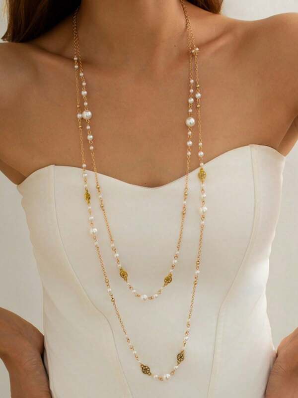 1 pieza Collar largo de perlas falsas estilo francés de moda, accesorio elegante para fiestas y reuniones de mujeres