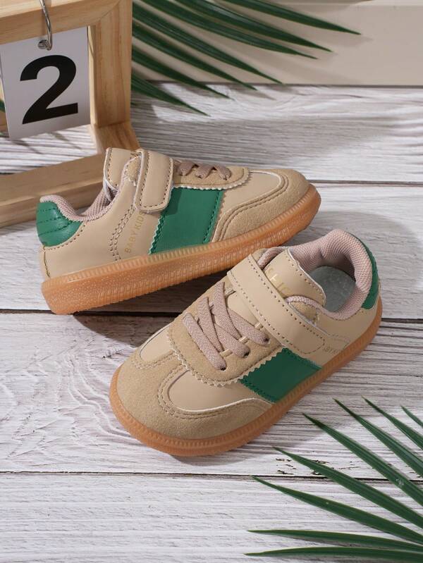 1 Pair Kids Beige Green Contrast Color Hook And Loop Vintage Sneakers, Comfortable Soft Sole Casual Shoes For Boys, Suitable For All Seasons