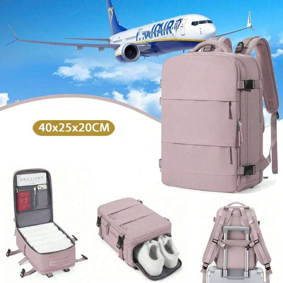 Zaino da viaggio Ryanair, bagaglio a mano 40x20x25 con scomparto per scarpe, separazione tra asciutto e bagnato, bagaglio a mano sotto il sedile, borsa da aviazione, zaino da viaggio da donna, zaino casual certificato per l'aviazione, zaino da viaggio per esterni, borsa da weekend business con uscita USB, zaino da viaggio impermeabile da uomo - Rosa - Visualizzare 1