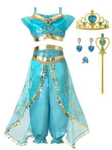 Halloween Cosplay Jasmine Princess Children Performance Outfit Dress - Lamp & Belly Dance Costume - Blue - View 2