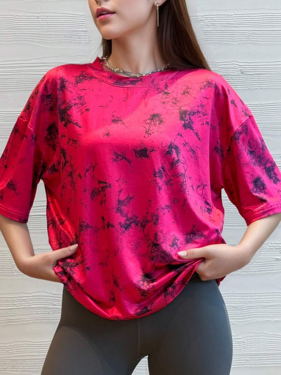 Áo thun nữ dáng rộng, cổ tròn, tay ngắn, kiểu dáng thoải mái, năng động, phong cách thường ngày, xu hướng Y2K 2024, áo thun cơ bản cho mùa hè và kỳ nghỉ. - Màu Hồng Tươi - Xem 1