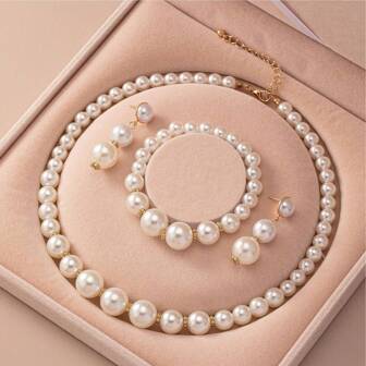 4 قطع / مجموعة من المجوهرات الفاخرة الخاصة بالنساء المقلدة من اللؤلؤ، بطراز كلاسيكي فرنسي رجعي فاخر، تشمل قلادة وسوار مطاطي وأقراط، ملحقات أنيقة وجذابة للأزياء للحفلات الزفاف