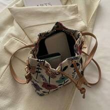 Bolso balde lindo para damas, bolso de mano pequeño y lindo con flores, billetera con flores, mini bolso estético bohemio con bordado, bolso de cordón tipo cubeta con punto de aguja, bolso cruzado mini