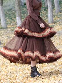 Falda de gasa con diseño de alta gama, efecto adelgazante de bloques de color y patchwork, falda larga con excelente efecto drapeado, de doble capa