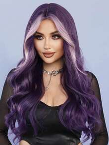 Gorgeous 26-Inch Long Wavy Violet Purple Highlight Wigs With Curtain Bangs Natural Heat Resistant Fiber Long Curly Synthetic Wig For Women Daily Party Use, Halloween Music Festivals/Cosplay & Graduation Gift - Beginners Glueless Wig Accessories - Violet Purple - View 1