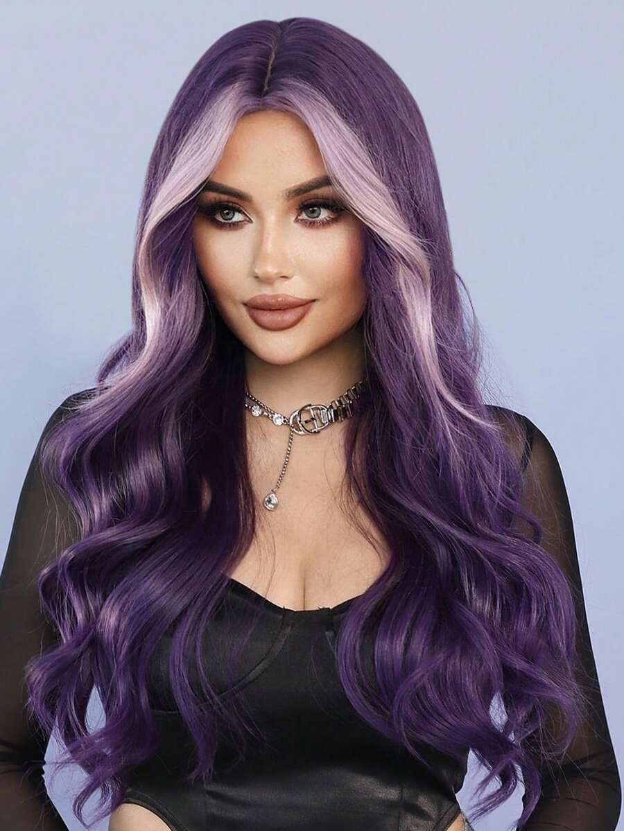 Gorgeous 26-Inch Long Wavy Violet Purple Highlight Wigs With Curtain Bangs Natural Heat Resistant Fiber Long Curly Synthetic Wig For Women Daily Party Use, Halloween Music Festivals/Cosplay & Graduation Gift - Beginners Glueless Wig Accessories - Violet Purple - View 1