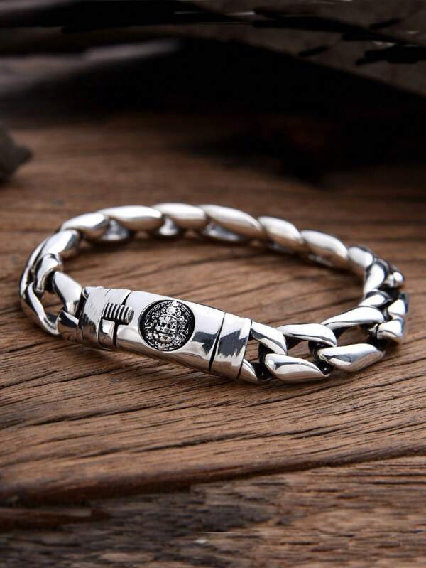 1pc Vintage Style Classic Polished & Matte Finish Chunky Chain Bracelet, Punk Fashion Jewelry Gift