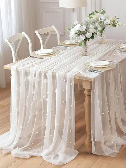 1pc White Pearl Lace Table Runner, Bohemian Style Party Tablecloth, Tulle Ribbon Netting Fabric For Skirts Dress Sewing DIY, Table Cloth For Birthday Valentine's Day, Wedding Party, Table Liners, Christmas Table Decoration