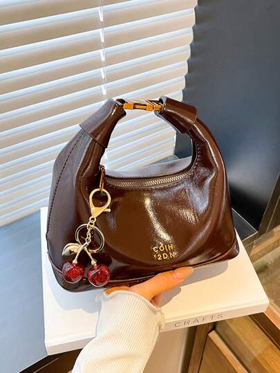 新款时尚纯色小丑PU防水手提包，字母图案装饰，拉链封口，方形托特包，酒红色手提包带吊坠装饰，可调节肩带，适合购物，时尚卡其色包包，新年必备