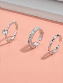 3件套女孩简约设计锆石镶嵌开口戒指，时尚百搭配饰。佩戴时请轻柔打开。 - 銀色 - 查看 8
