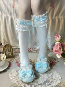 1 par de medias altas hasta la rodilla con lazo de cinta largo y adorno de encaje, estilo japonés Lolita para mujeres