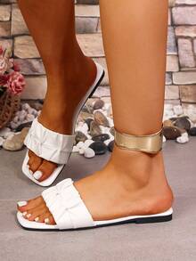 New Pleated Ruffle Square Toe Casual Flip Flops, Flat Holiday Style Sandals - White - View 3