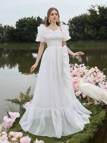 Faeriesty 女士优雅华丽方领露肩荷叶边欧根纱正式派对礼服晚礼服长裙婚礼宾客礼服、长裙、夏季度假装 - 白色 - 查看 8