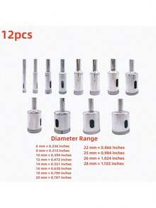 Juego de 10 piezas de brocas de diamante, sierras de orificios redondos revestidos de 3mm-50mm para baldosas, mármol, vidrio, cerámica - Plateado - Ver 5