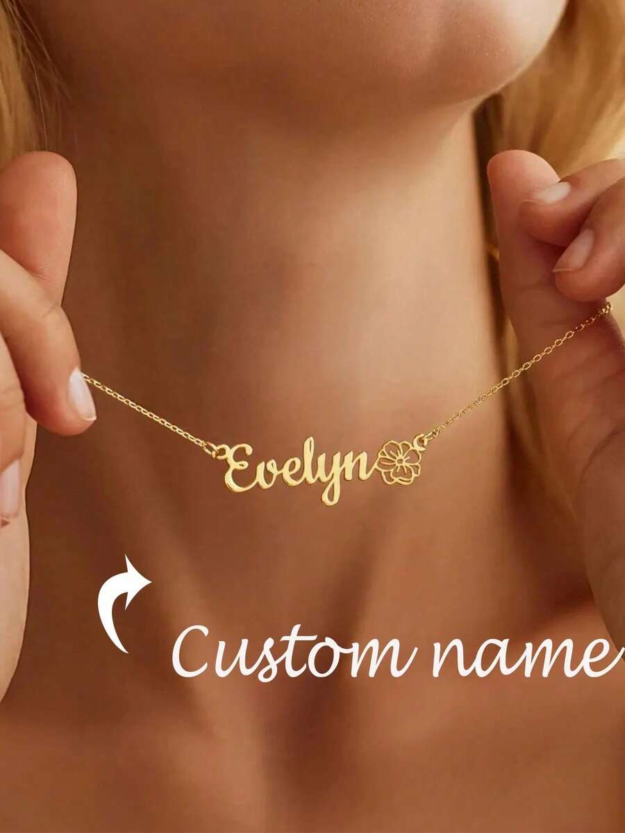 1 件定制生日花朵名字项链女士金色不锈钢锁骨链夏季旅行派对珠宝礼物 - 彩色 - 查看 1