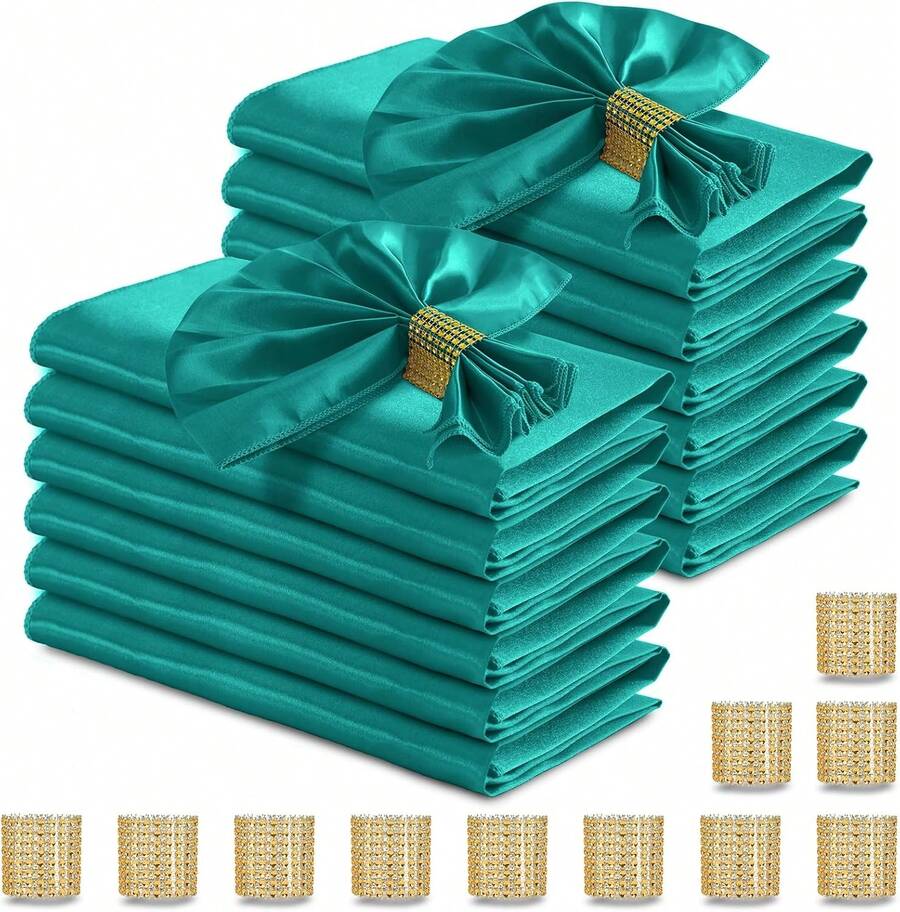 100 Pcs Teal Satin Napkins And Napkin Rings Set, 17 X 17 Inch Square Cloth Napkins Set Of 50, Silky Soft Table Napkins Bulk For Weddings, Banquet, Parties Dinner Decoration - Teal Blue - View 1