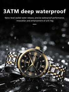 POEDAGAR 1件装男士休闲不锈钢石英双日期手表，商务防水夜光男士手表，适合日常场合的奢华男士腕表，男士礼物 - 黑色 - 查看 7