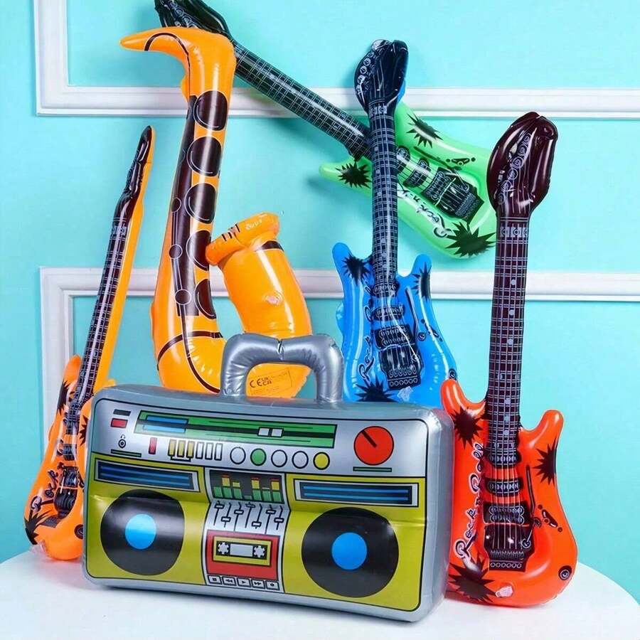 2pcs/6pcs/8pcs Inflatable Musical Instrument Party Props, Rock Star Toy Set, Inflatable Guitar, Inflatable Saxophone, Bass Pipa, Microphone, Mobile Phone, Tape Recorder, 80s/90s Themed Party Studio Decoration - Multicolor - View 1