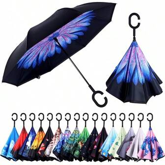 Inverted Umbrella, 49 Inch Double-Layer Vented Reverse Umbrella, Windproof Waterproof UV Protection, Lightweight C-Handle, Fiberglass Ribs, Steel Shaft, Travel/Commute/Car Use, With SleeveHalloween Christmas New Year