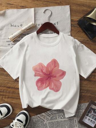 Oversized Women Casual Soft Versatile Spring/Summer Fashion T-Shirt, Round Neck Loose Breathable Floral Print,