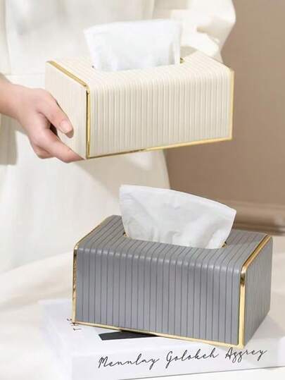 1个7.48英寸PU皮革条纹纸巾盒，北欧奢华酒店风格金边纸巾架，创意大号餐巾纸分配器，适用于客厅和卧室