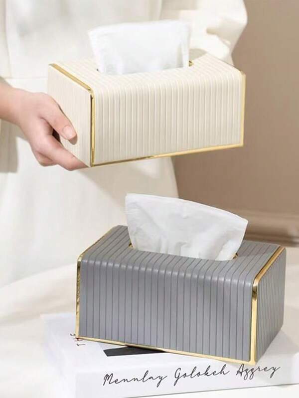 1pc Multi Color 7.48inch PU Leather Striped Tissue Box, Nordic Luxury Hotel Style Gold-Edged Tissue Paper Holder For Living Room, Bedroom, Creative Large Capacity Napkin Dispenser Back To School