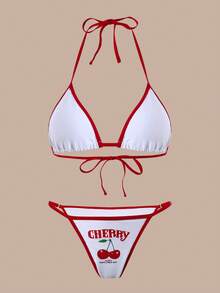 4pcs Women High Elasticity Cherry Pattern Cute Lace-Up Bikini Swimsuit, Sweet Fruit Design Beach Swimwear Holiday Party Summer Resort