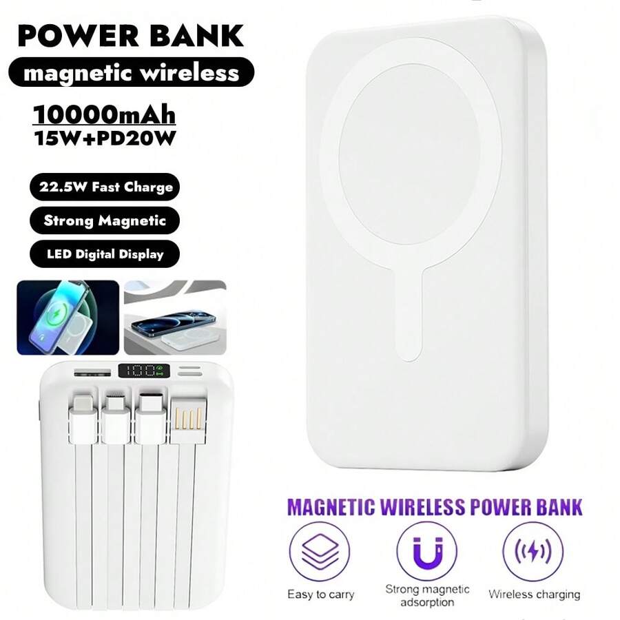 10000mAh 磁性无线移动电源 LED 显示屏 22.5W PD 快速充电便携式充电器适用于 16/15/14/13/12 系列适合夏季假期户外旅行/露营和应急备用移动电源送给家人、朋友、生日的礼物 - 白色 - 查看 1
