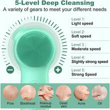 Facial Cleansing Brush Silicone Electric Face Scrubber Waterproof  Vibration Face Cleanser Brush For Men Women Rechargeable Face Brushes With Nose Scrub Brush Exfoliating Massaging Green 88am - 綠色 - 查看 4