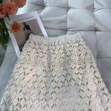 Saia Longa Boho de Crochê e Renda Feminina - Saia de Praia com Cintura Alta em Formato A, Design Vazado em Camadas, Saia Fluida de Verão para Férias, Casual, Festa - Damasco - Visão 10