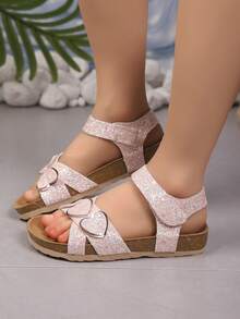 女童夏季凉鞋，软底防滑，闪亮心形设计，甜美休闲沙滩鞋，新款 - 淺粉色 - 查看 3