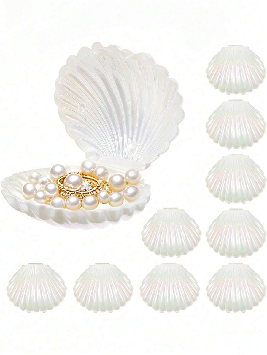 10 pièces Boîte de rangement pour bijoux en forme de coquillage, boîtes mini coquillages thème de sirène, boîtes mini coquillages en plastique pour collier, pour cadeau, fête d'anniversaire sous-marine, boîtes de rangement pour bijoux pour la fête des mères, la remise des diplômes - Blanc - Voir 1