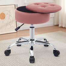 Taburete giratorio para tocador, taburete con ruedas, taburete rodante redondo con almacenamiento, taburete de escritorio con ruedas, taburete ajustable, taburete de oficina, otomano, rosa 34 cm de diámetro - Rosa - Ver 1
