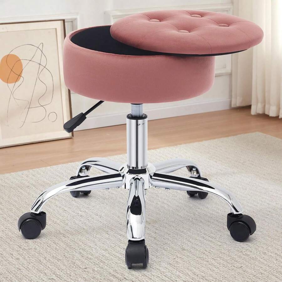 Taburete giratorio para tocador, taburete con ruedas, taburete rodante redondo con almacenamiento, taburete de escritorio con ruedas, taburete ajustable, taburete de oficina, otomano, rosa 34 cm de diámetro - Rosa - Ver 1