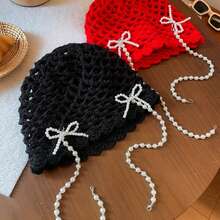 DIY Pearl Bow Pendant Hollow Handmade Knitted Pullover Hat Street Breathable Short Brim Personalized Skull Beanie Cap Korean - Red - View 3