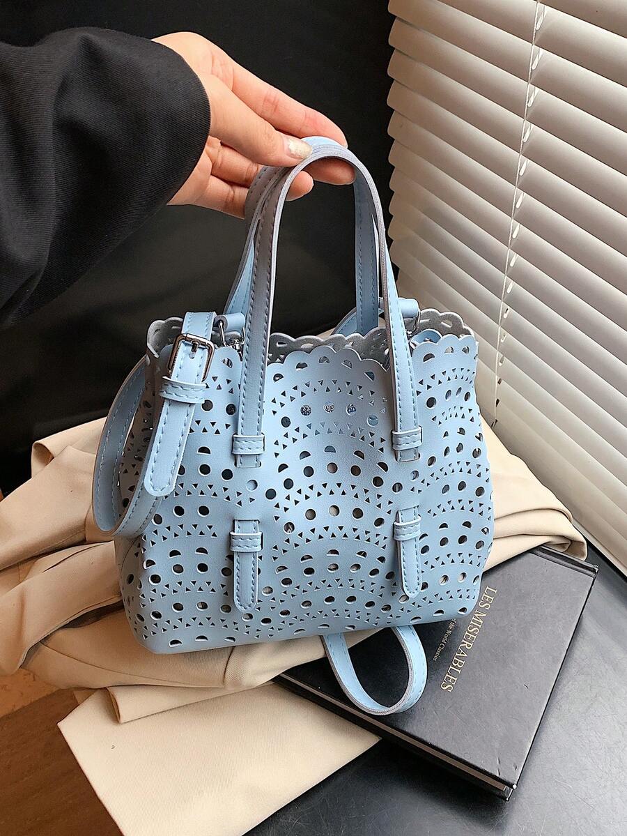 2 piezas Diseño de corte hueco con bolsillo interno Bolso de hombro/cruzado/de mano de moda - Azul - Ver 1